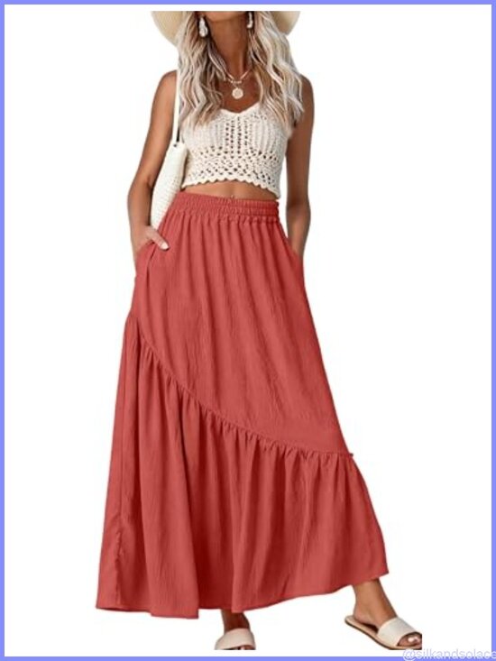 Dresses & Skirts - Women's Maxi Skirt High Waist Tiered A-Line with Pockets Boho Pleated Flowy
